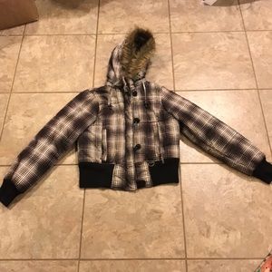 Brown, black, and white checkered plaid coat